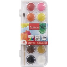Акварелни боички Optima, 12 цвята, Ф28mm, с четка Акварелни боички Optima, 12 цвята, Ф28mm, с четка